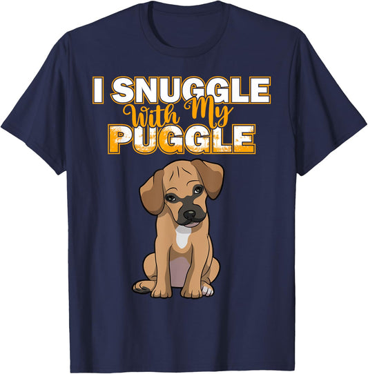 Funny Puggle Shirt Women's Puggle I Snuggle With My Puggle Shirt Black Cartoon Short Sleeve Size Small T-Shirt - T-Shirt | Navy