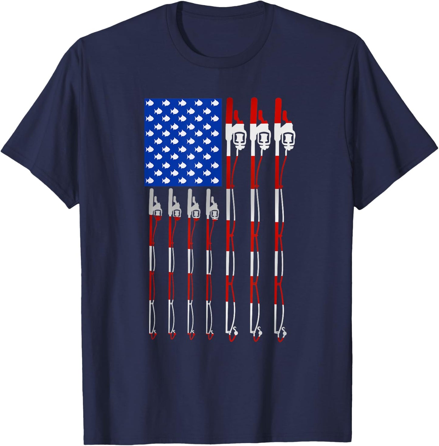 Patriotic Fishing American USA Flag Fishing Pole Women Kids Men T-Shirt - T-Shirt | Navy