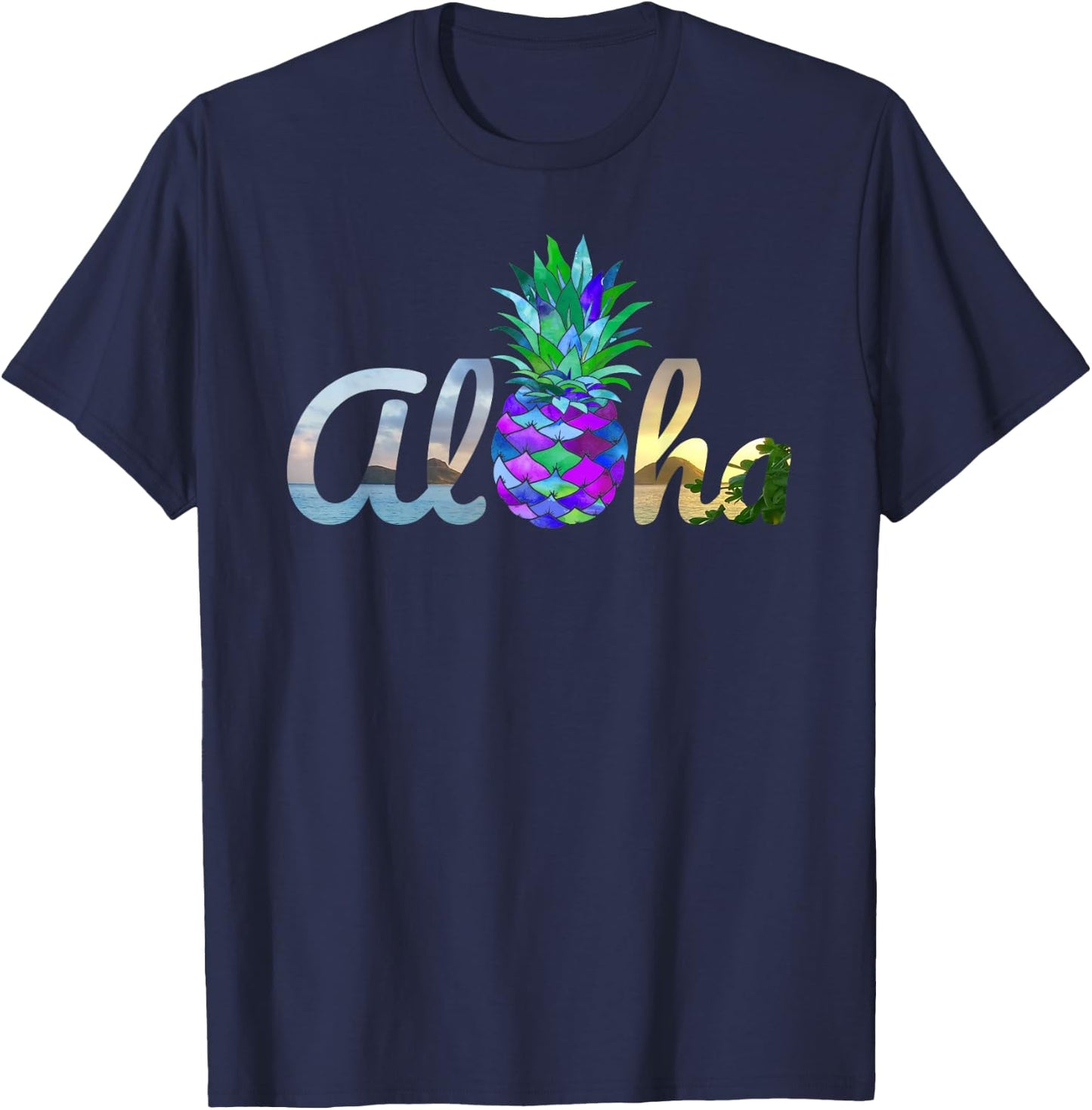 Cute Aloha Hawaii Pineapple Mermaid Purple Beach Lovers Luau T-Shirt - T-Shirt | Navy