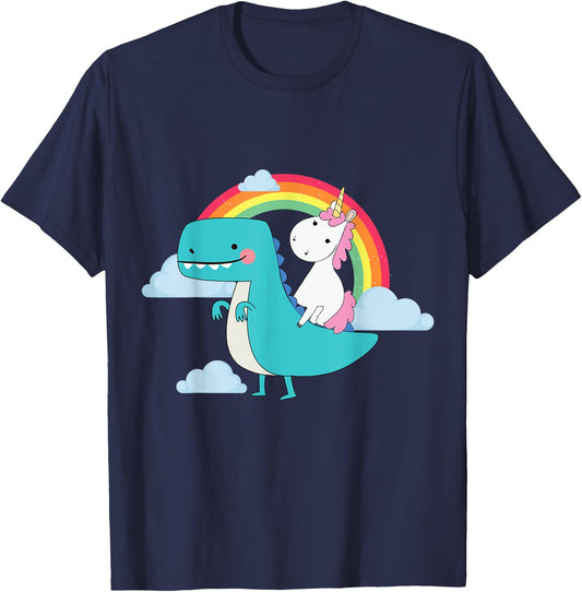 Unicorn Riding T-Rex Dinosaur Rainbow T-Shirt - T-Shirt | Navy