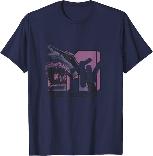 Mtv Shark Shaped Logo Fill In Blue And Pink T-Shirt - T-Shirt | Navy