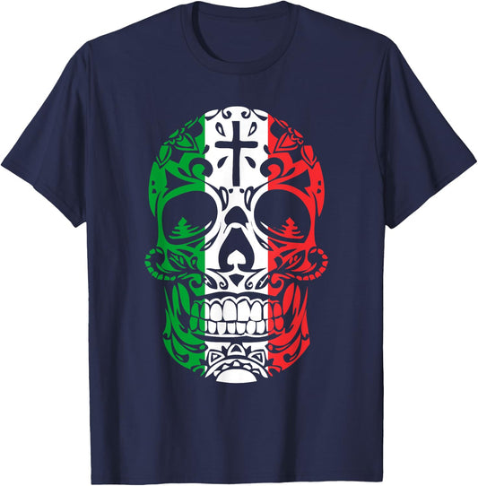 Mexican Pride Shirt: Mexican Flag Skull Day of the Dead T-Shirt - T-Shirt | Navy