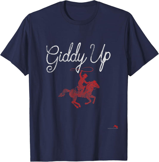 Rodeo Round Up Apparel Giddy Up - -Adults, Black, Small, Short Sleeve, Vintage, Cowgirl, Vacation T-Shirt - T-Shirt | Navy