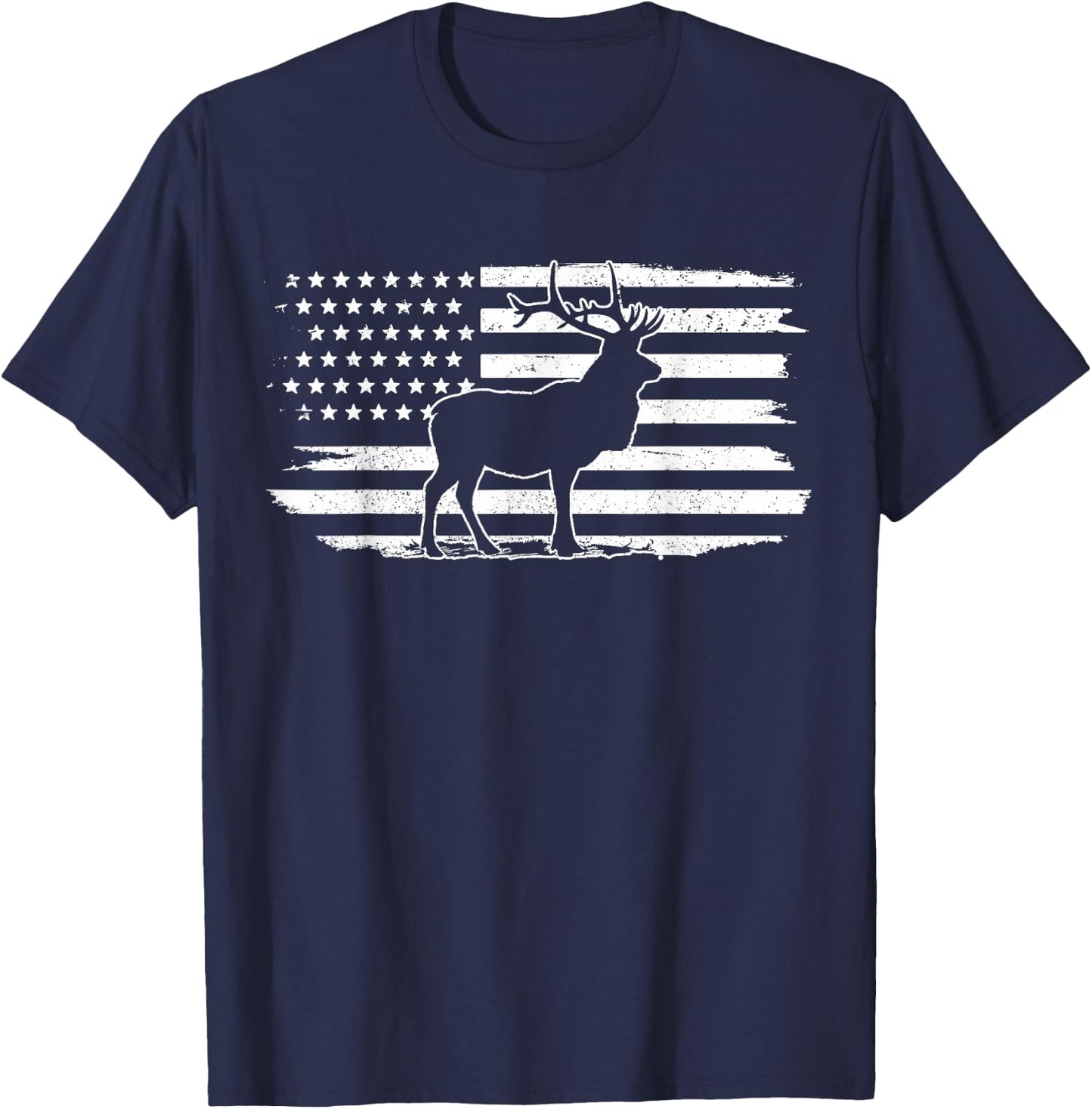 Elk American Flag Buck Deer Hunting Patriotic Hunter Gift T-Shirt - T-Shirt | Navy