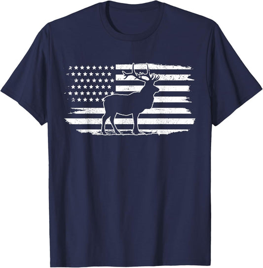 Elk American Flag Buck Deer Hunting Patriotic Hunter Gift T-Shirt - T-Shirt | Navy
