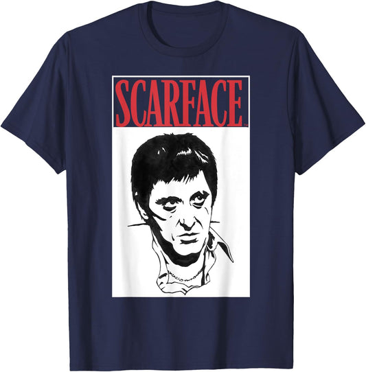 Scarface Black And White Portrait Red Text Graphic T-Shirt - T-Shirt | Navy