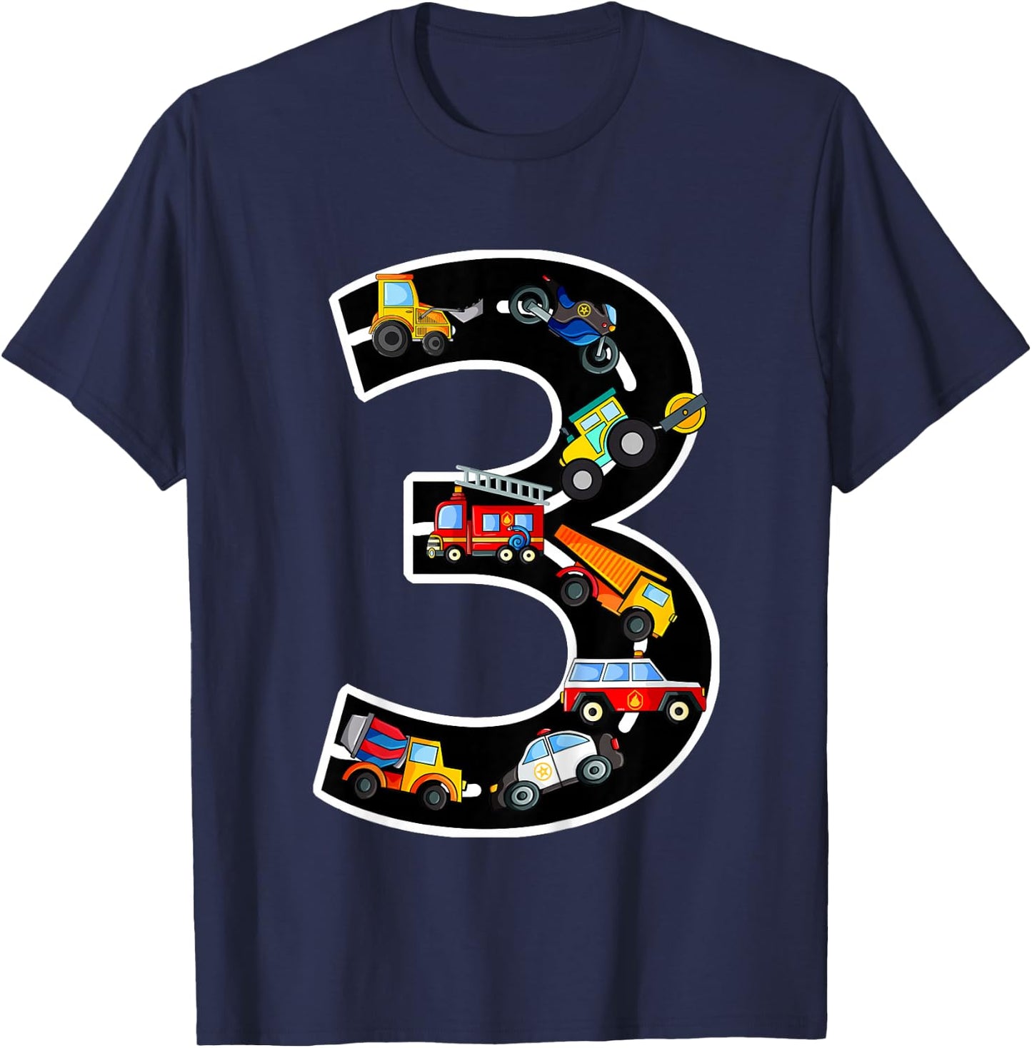 3rd Birthday Boys Cars Vehicles 3 Years Birthday T-Shirt - T-Shirt | Navy