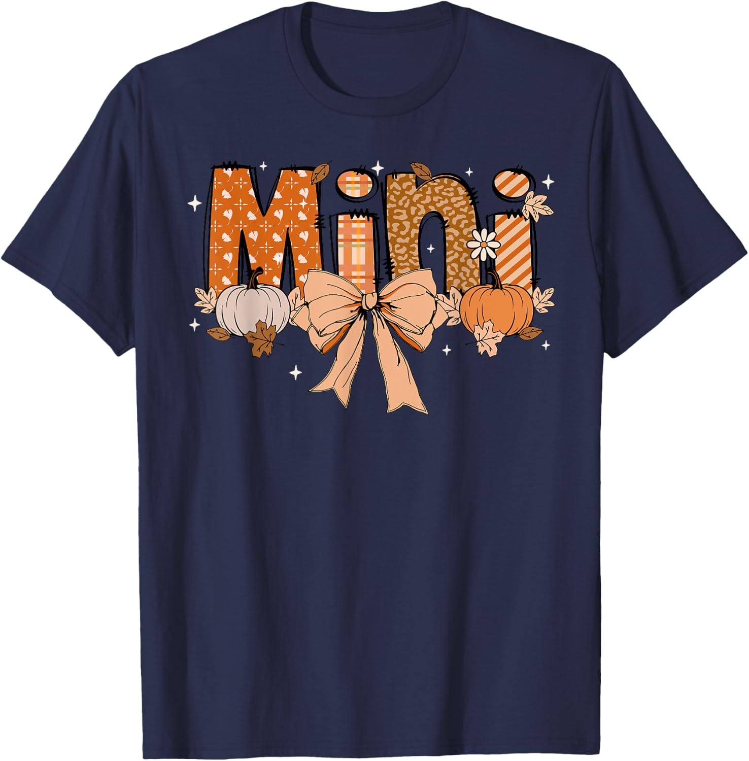Mini Pumpkin Fall Coquette Bow Thanksgiving Mom Women T-Shirt - T-Shirt | Navy