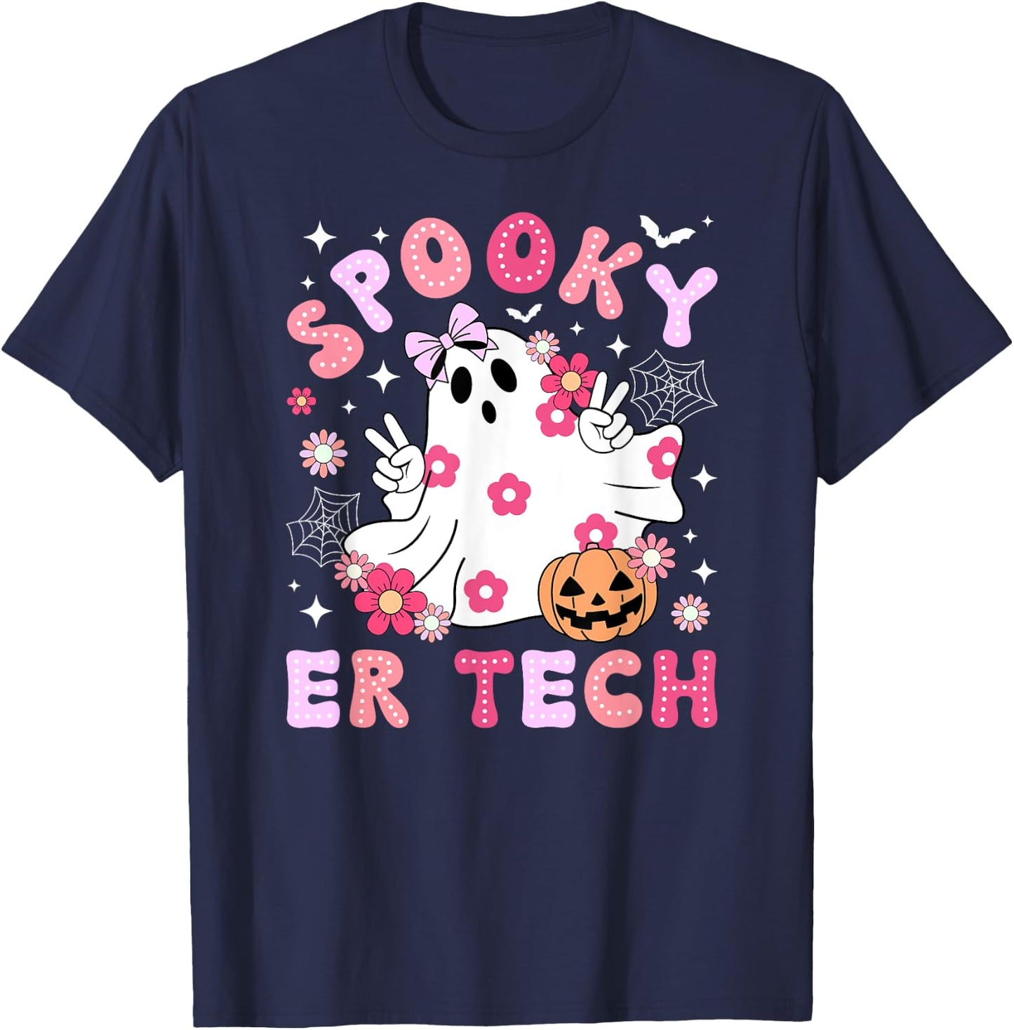 Spooky ER Tech Halloween Emergency Room Tech Groovy T-Shirt - T-Shirt | Navy