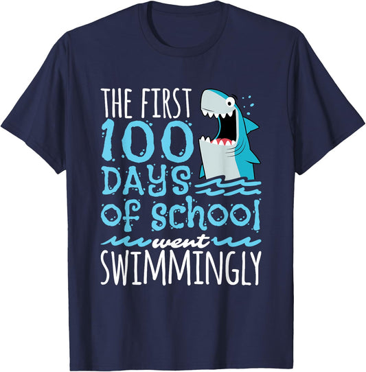 100 Days Of School Shark T Shirt - Teachers Students T-Shirt - T-Shirt | Navy