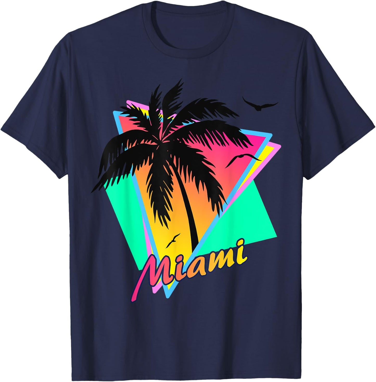 Miami 80s Tropical Summer And Beach Palm Tree Sunset T-Shirt - T-Shirt | Navy