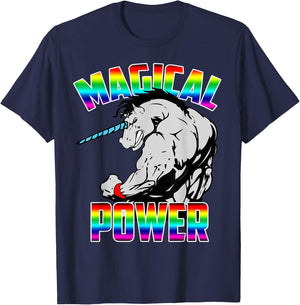 Magical Power Rainbow Unicorn Workout Gym Shirt Men Women T-Shirt - T-Shirt | Navy