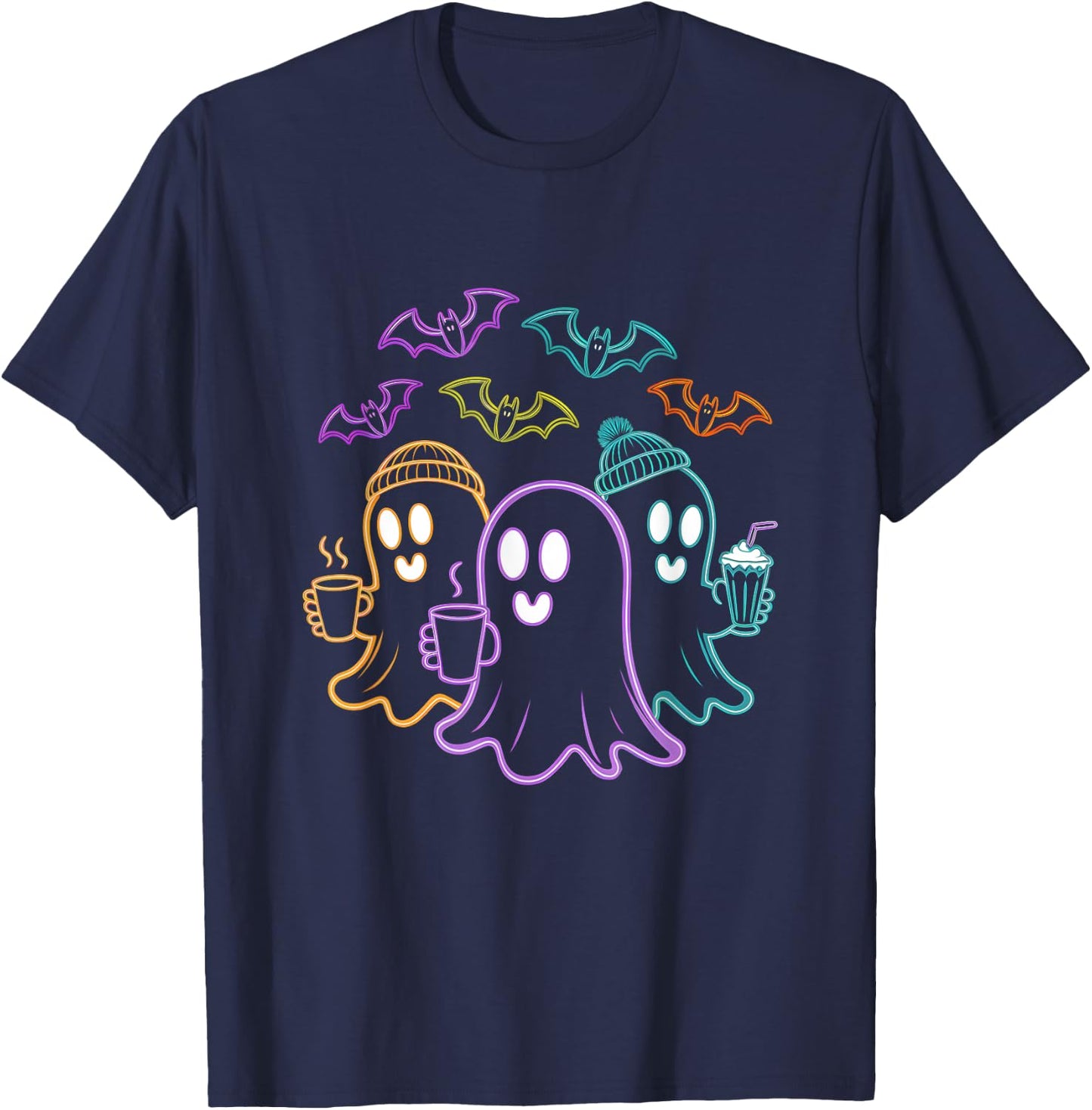 Ghosts Coffee Crew Cute Halloween Design T-Shirt - T-Shirt | Navy