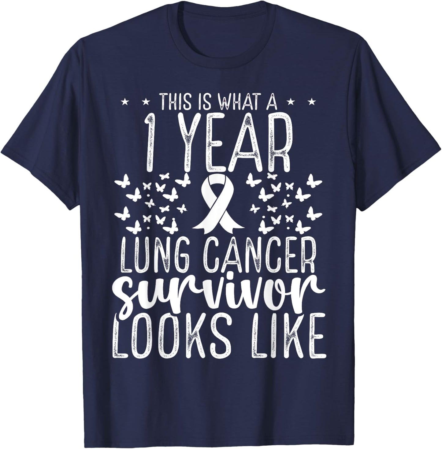 1 Year Lung Cancer Survivor Ribbon Lung Cancer Awareness T-Shirt - T-Shirt | Navy