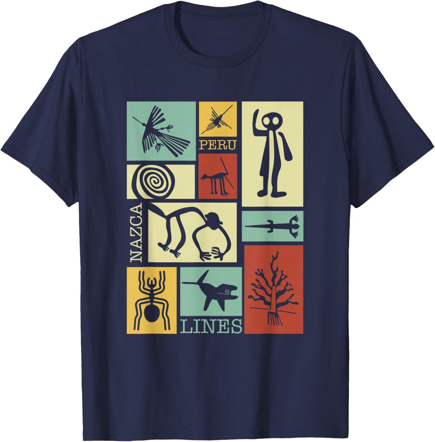 National Introvert Society Nazca Lines Peru Geoglyphs Retro - Black, Small, , Short Sleeve, Classic Fit T-Shirt - T-Shirt | Navy