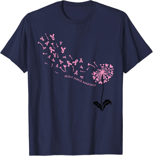 Dandelion Breast Cancer Awareness Pink RIbbon Support Gift T-Shirt - T-Shirt | Navy