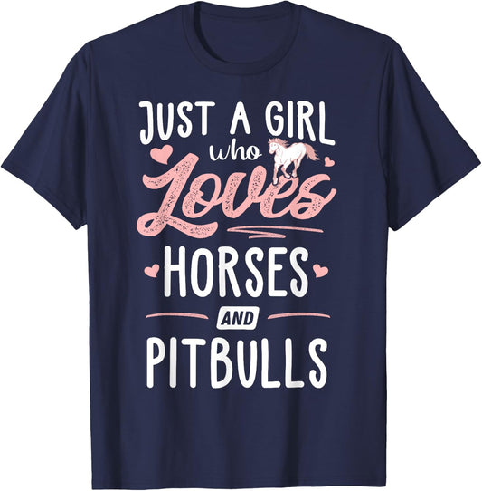 Just A Girl Who Loves Horses And Pitbulls Horse Lover T-Shirt - T-Shirt | Navy