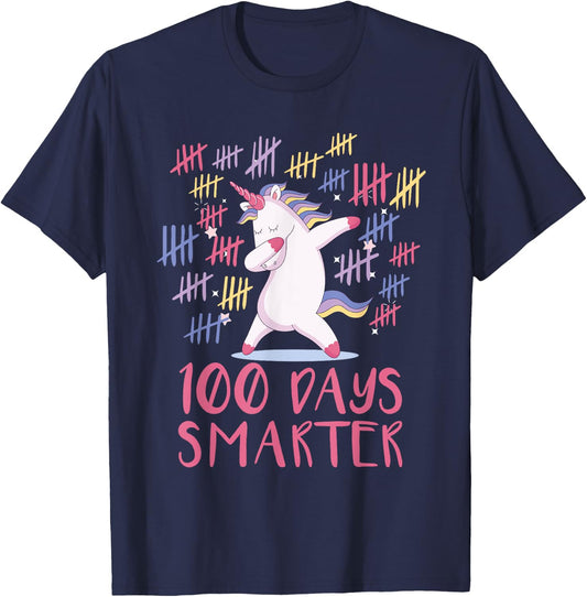 First 100 Days Of School Unicorn , 100 Days Smarter T-Shirt - T-Shirt | Navy