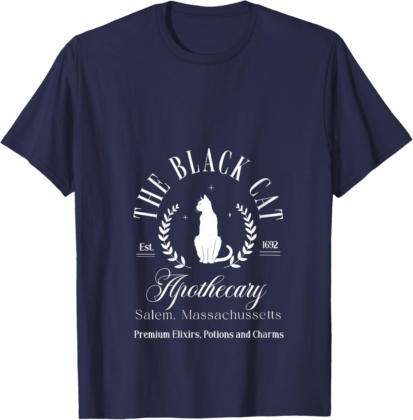 Retro Black Cat Apothecary Witchy Wicca Spooky Halloween V-Neck T-Shirt - T-Shirt | Navy