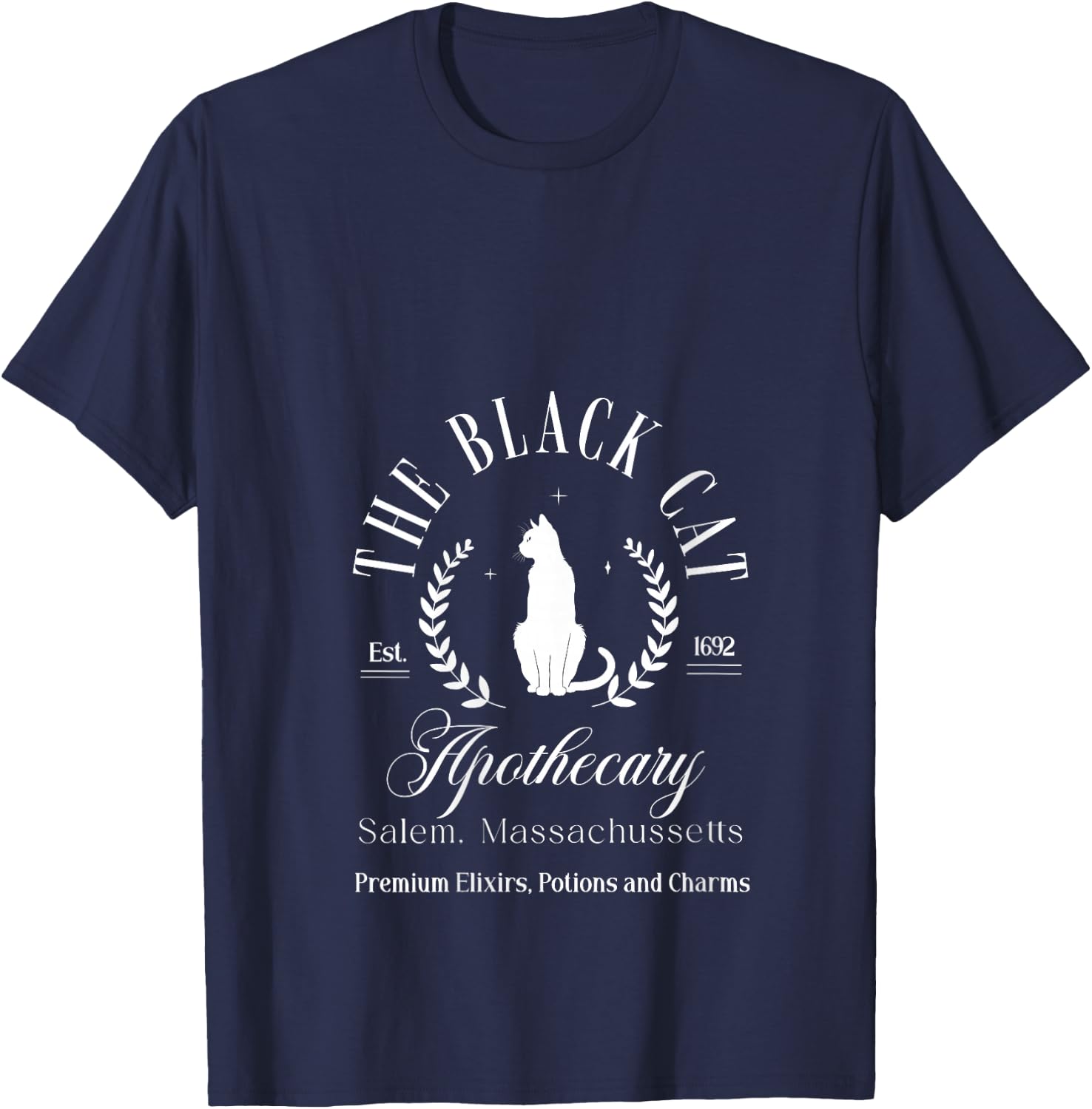 Retro Black Cat Apothecary Witchy Wicca Spooky Halloween V-Neck T-Shirt - T-Shirt | Navy