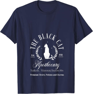Retro Black Cat Apothecary Witchy Wicca Spooky Halloween V-Neck T-Shirt - T-Shirt | Navy