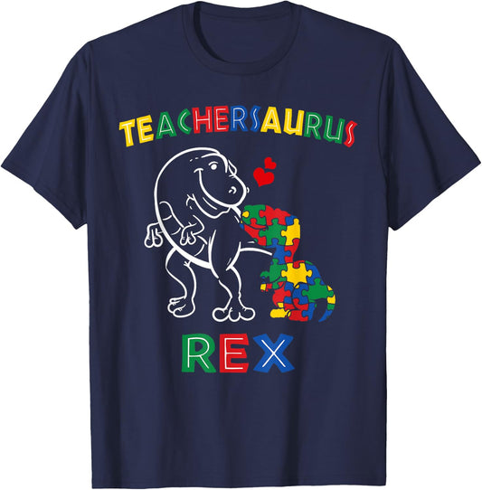 Teachersaurus Rex Autism Teacher Dinosaur Men Women Girls Kids T-Shirt - T-Shirt | Navy