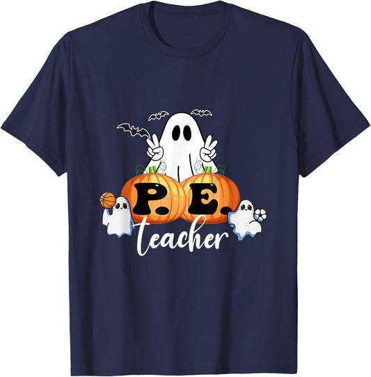 Funny Halloween P.E. Teacher Ghosts Pumpkins Sports Lover T-Shirt - T-Shirt | Navy