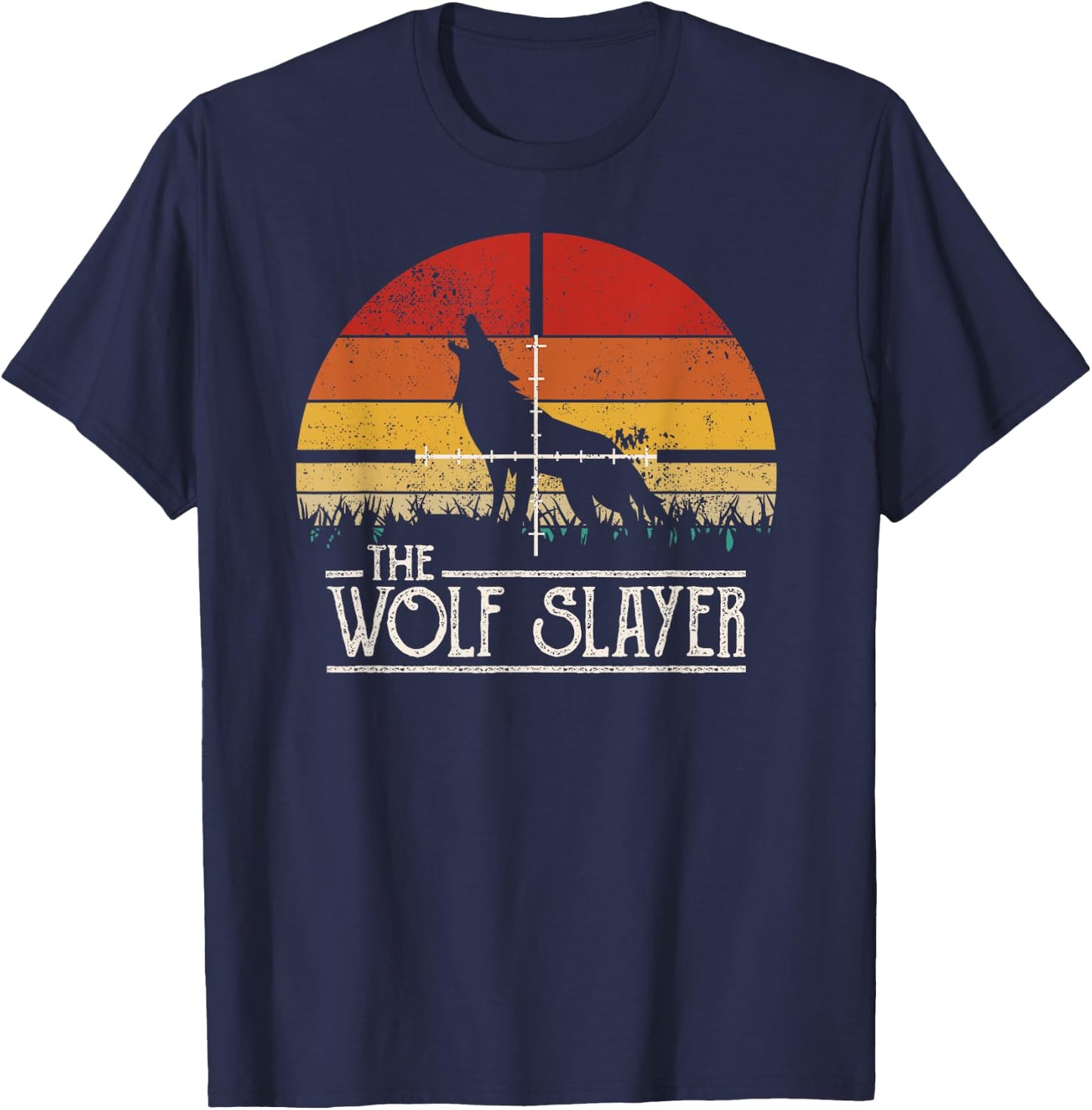 Vintage Sunset Retro Style Wolf Hunting Wolf Slayer T-Shirt - T-Shirt | Navy