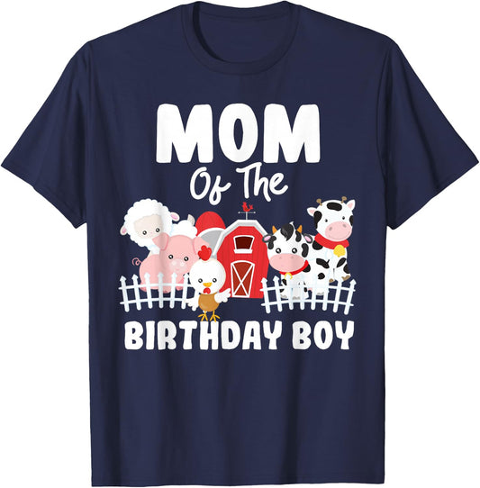 Mom Of The Birthday Boy Farm Animals Birthday Party T-Shirt - T-Shirt | Navy