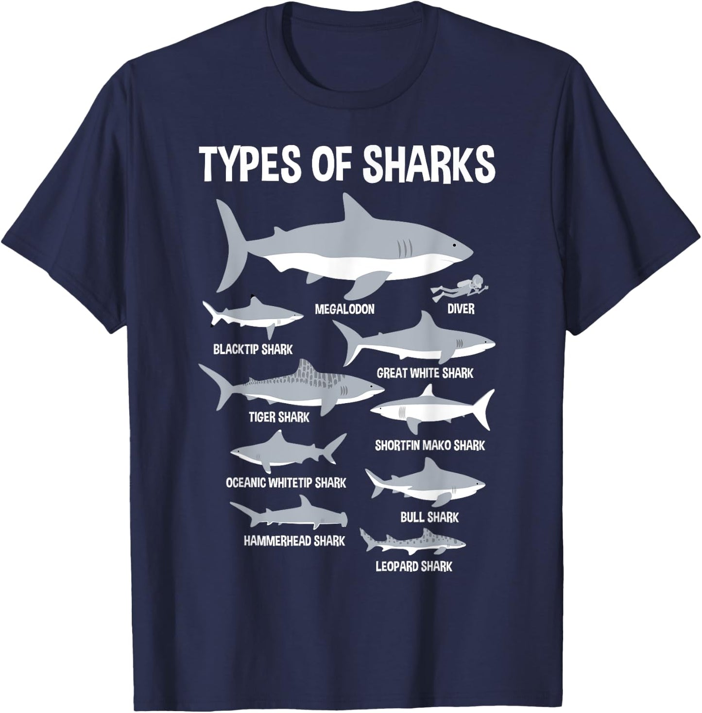 9 Types Of Sharks Educational Ocean Kids Boys Gift T-Shirt - T-Shirt | Navy