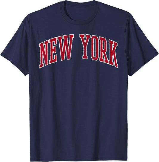 New York Vintage Preppy Varsity Sports Design Red Text T-Shirt - T-Shirt | Navy