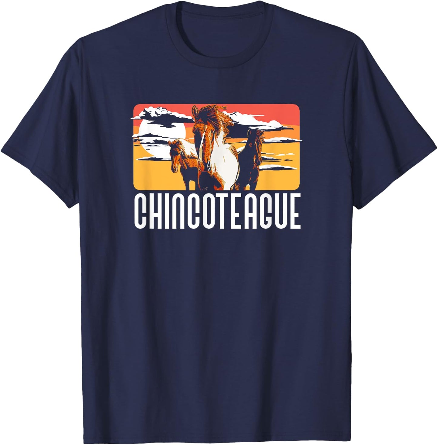 Retro Chincoteague Island Wild Pony Horse 80s Graphic T-Shirt - T-Shirt | Navy
