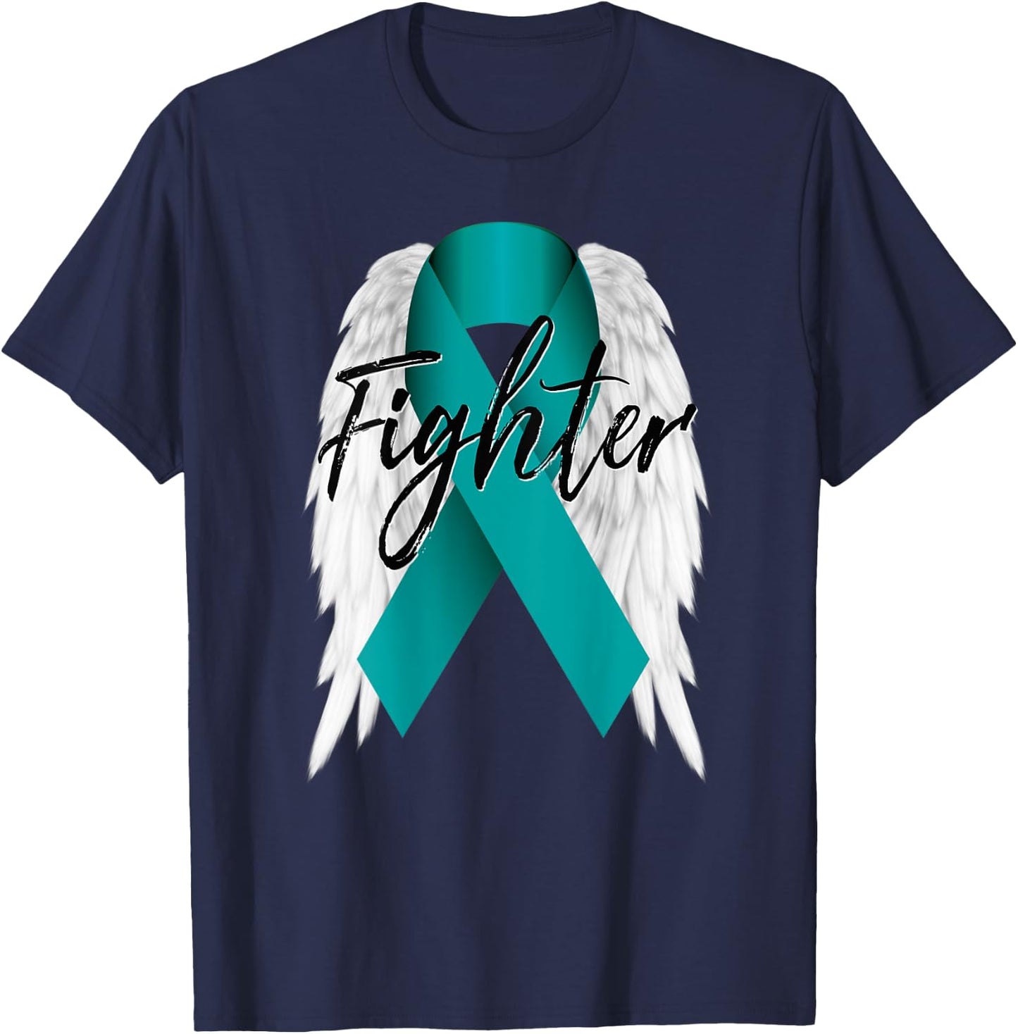 Ovarian Cancer Fighter Shirt Teal Ribbon Angel Wings Gift T-Shirt - T-Shirt | Navy