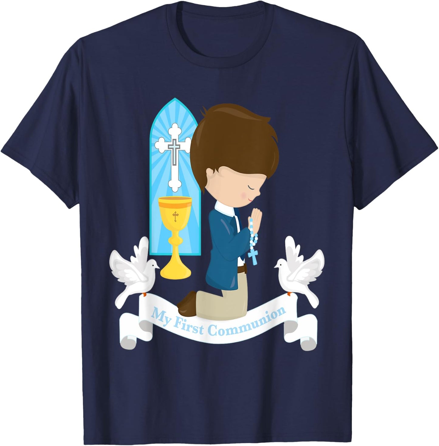 My First Communion Shirt Kids Children Son Boy Brunette T-Shirt - T-Shirt | Navy