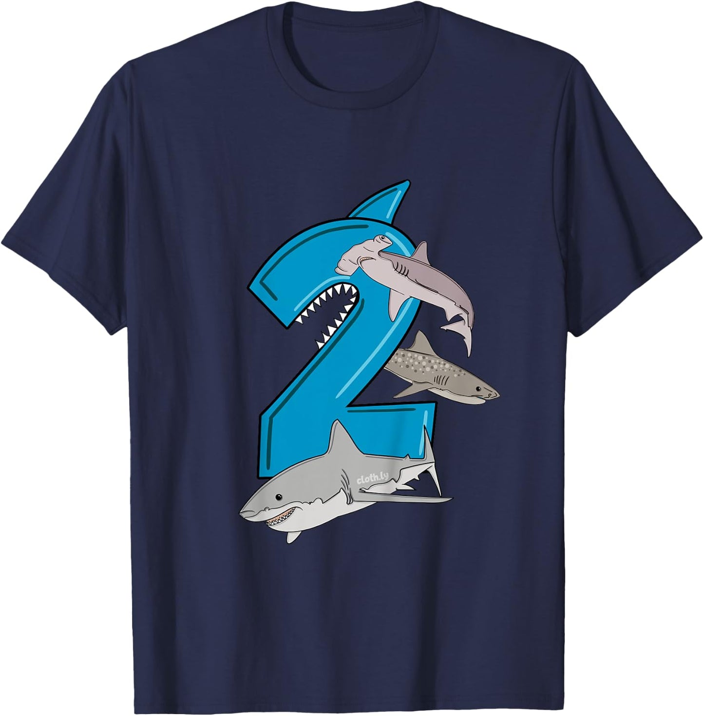 Kids 2nd Birthday Boys Great White Shark Gift Birthday T-Shirt - T-Shirt | Navy