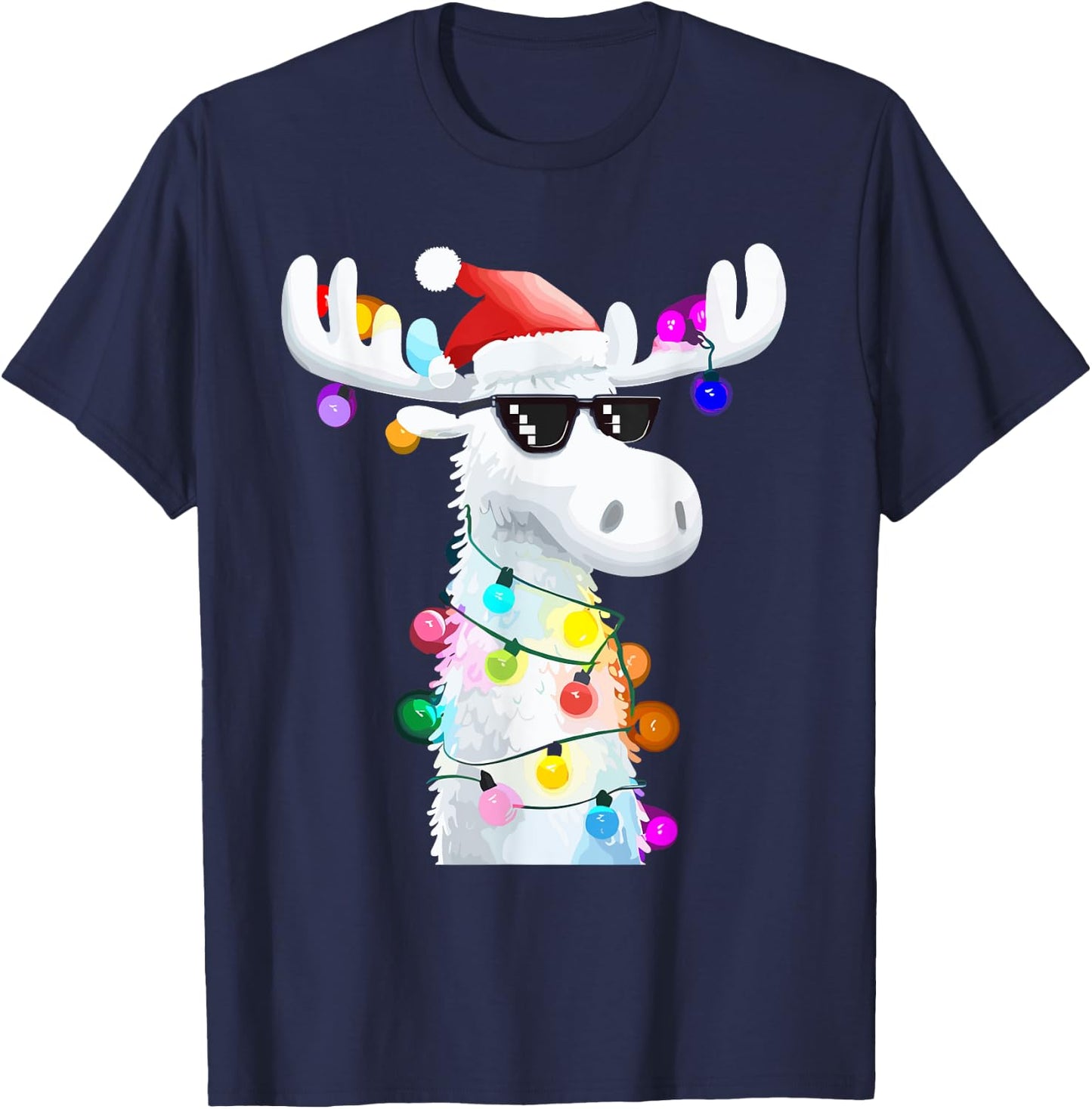 Funny Christmas Moose with Sunglasses and Holiday Lights T-Shirt - T-Shirt | Navy
