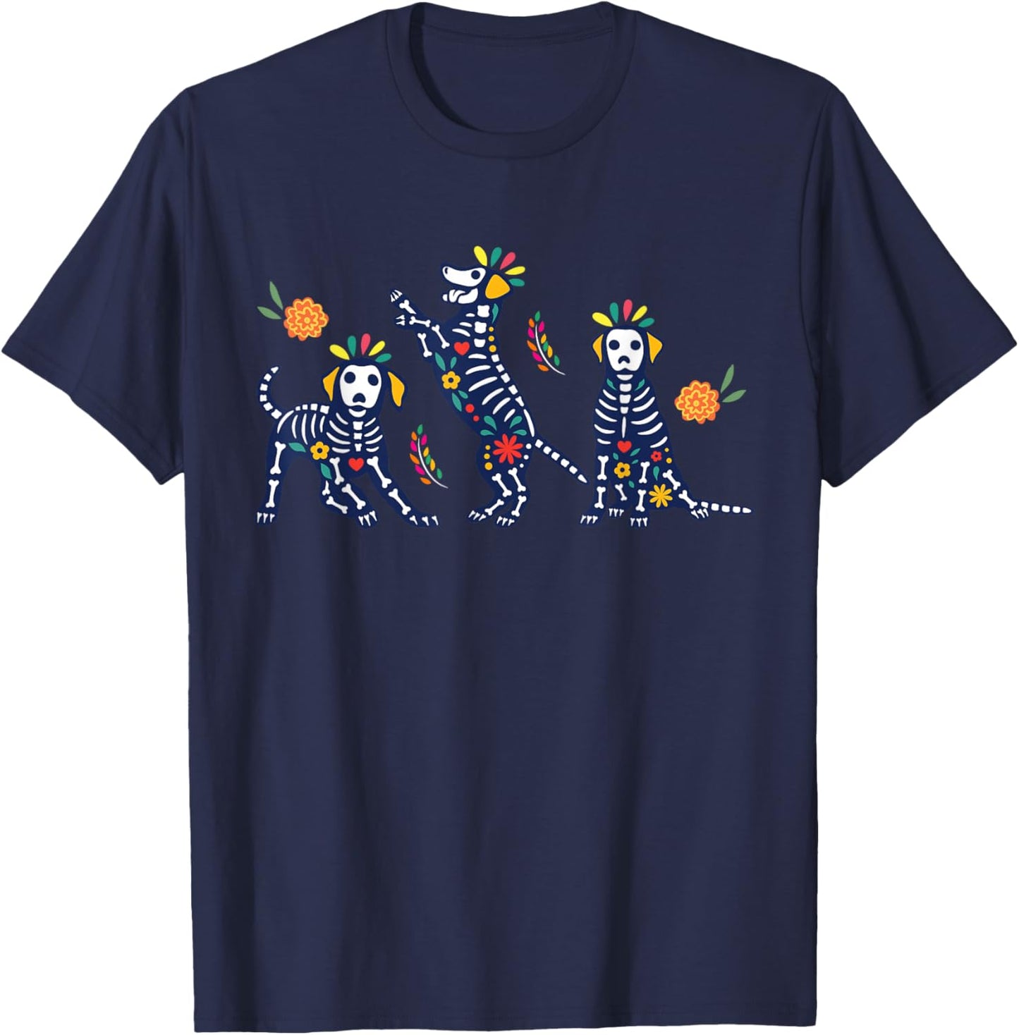Day of The Dead Colorful Skeleton Dogs Mexican Halloween T-Shirt - T-Shirt | Navy