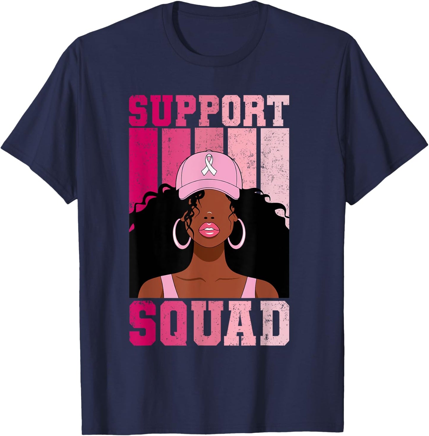 Black Woman Pink Ribbon October Breast Cancer Support Squad T-Shirt - T-Shirt | Navy