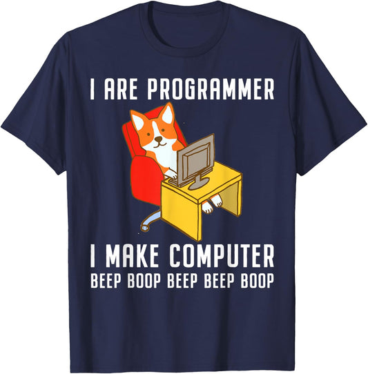 Funny I Are Programmer Programming Coding Nerd Corgi Dog T-Shirt - T-Shirt | Navy