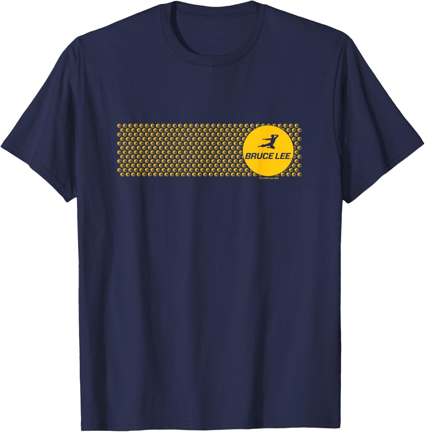 Bruce Lee Flying Kick Silhouette Yellow Circle Logo T-Shirt - T-Shirt | Navy