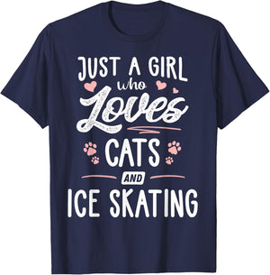 Just A Girl Who Loves Cats And Ice Skating Gift Cat Lover T-Shirt - T-Shirt | Navy