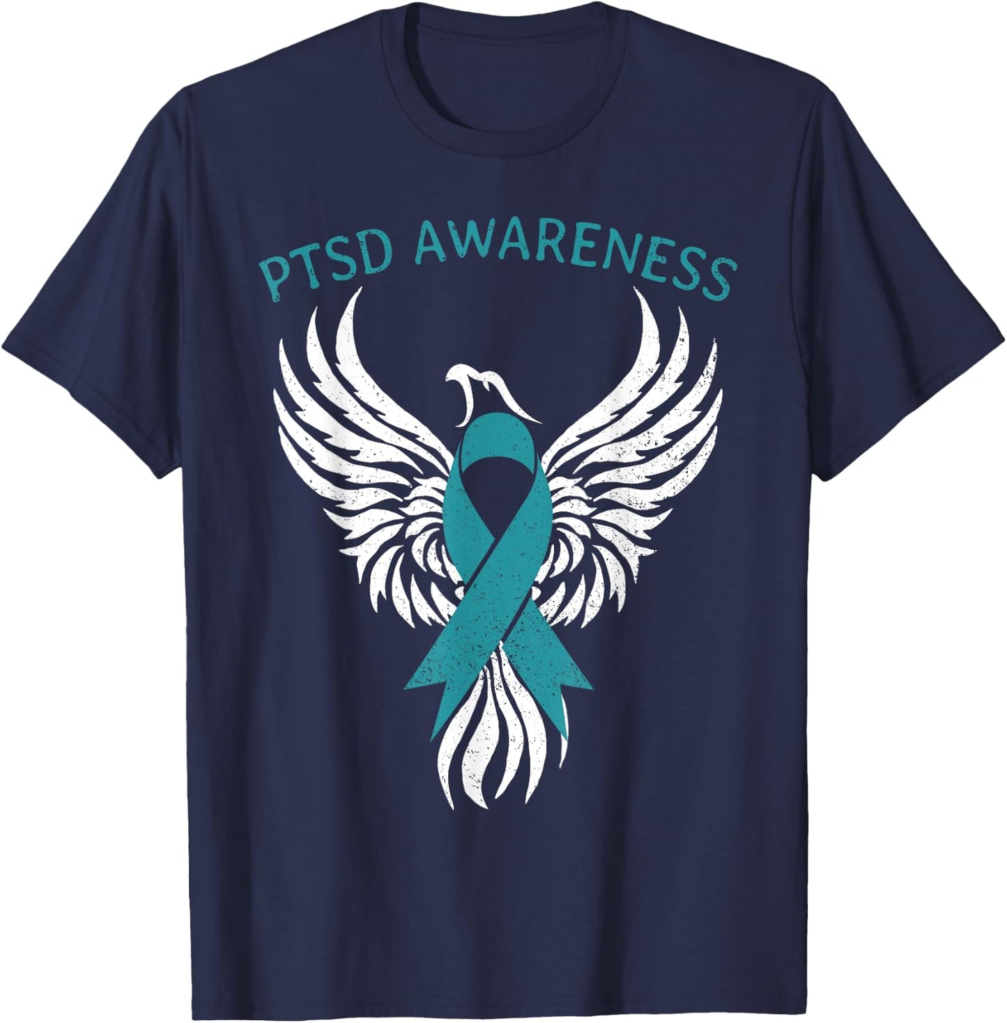 Rise of The Phoenix PTSD Awareness Month Teal Ribbon T-Shirt - T-Shirt | Navy