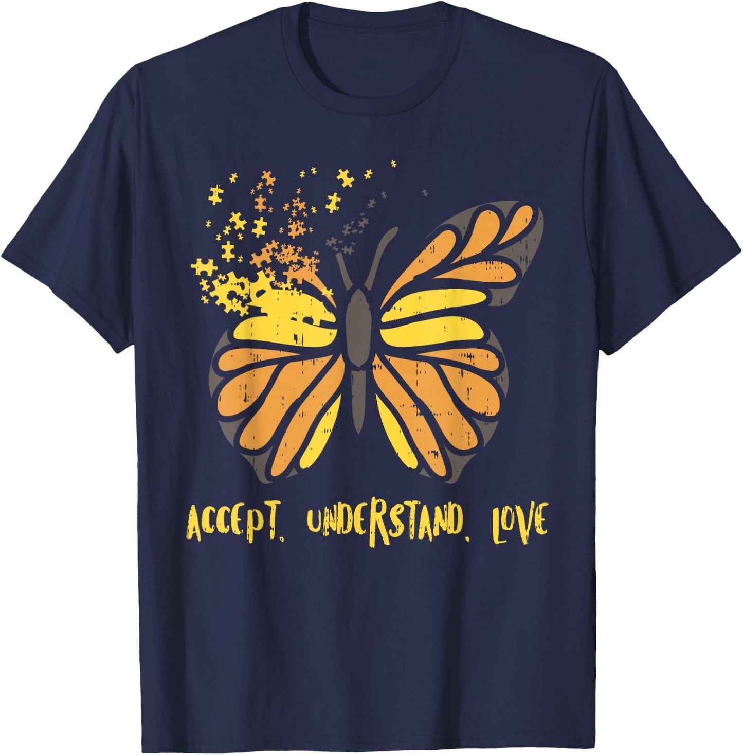 Accept Understand Love Butterfly Shirt Autism Awareness T-Shirt - T-Shirt | Navy