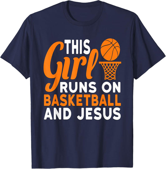 This Girl Runs On Basketball And Jesus Graphic T-Shirt - T-Shirt | Navy