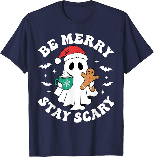 Be Merry Stay Scary Funny Santa Ghost Christmas Halloween T-Shirt - T-Shirt | Navy