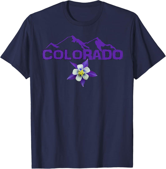 Colorado Mountain Silhouette, Columbine State Flower T Shirt T-Shirt - T-Shirt | Navy