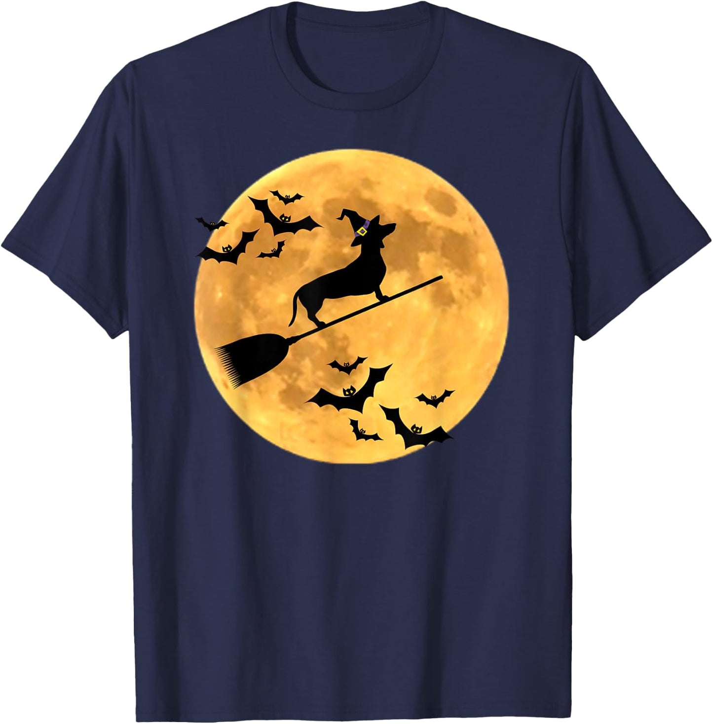Dachshund Witch Dog Halloween Moon Broomstick Broom Men Women Kids T-Shirt - T-Shirt | Navy