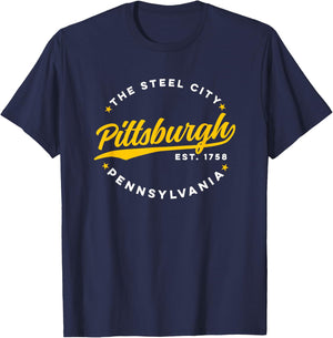 Vintage Pittsburgh Pennsylvania The Steel City Yellow Text T-Shirt - T-Shirt | Navy