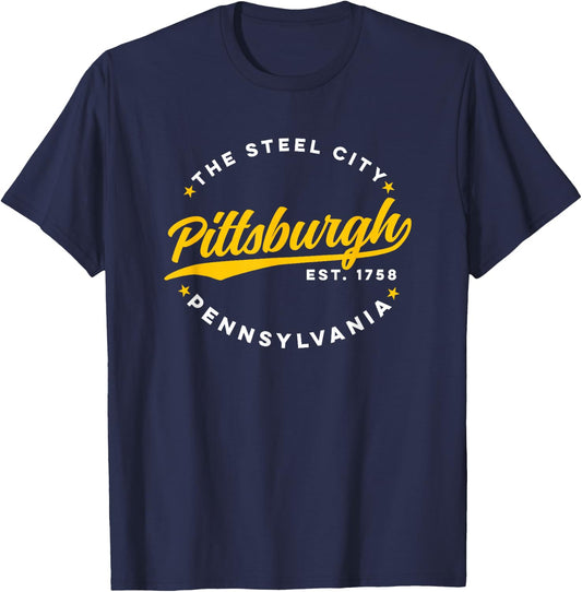 Vintage Pittsburgh Pennsylvania The Steel City Yellow Text T-Shirt - T-Shirt | Navy