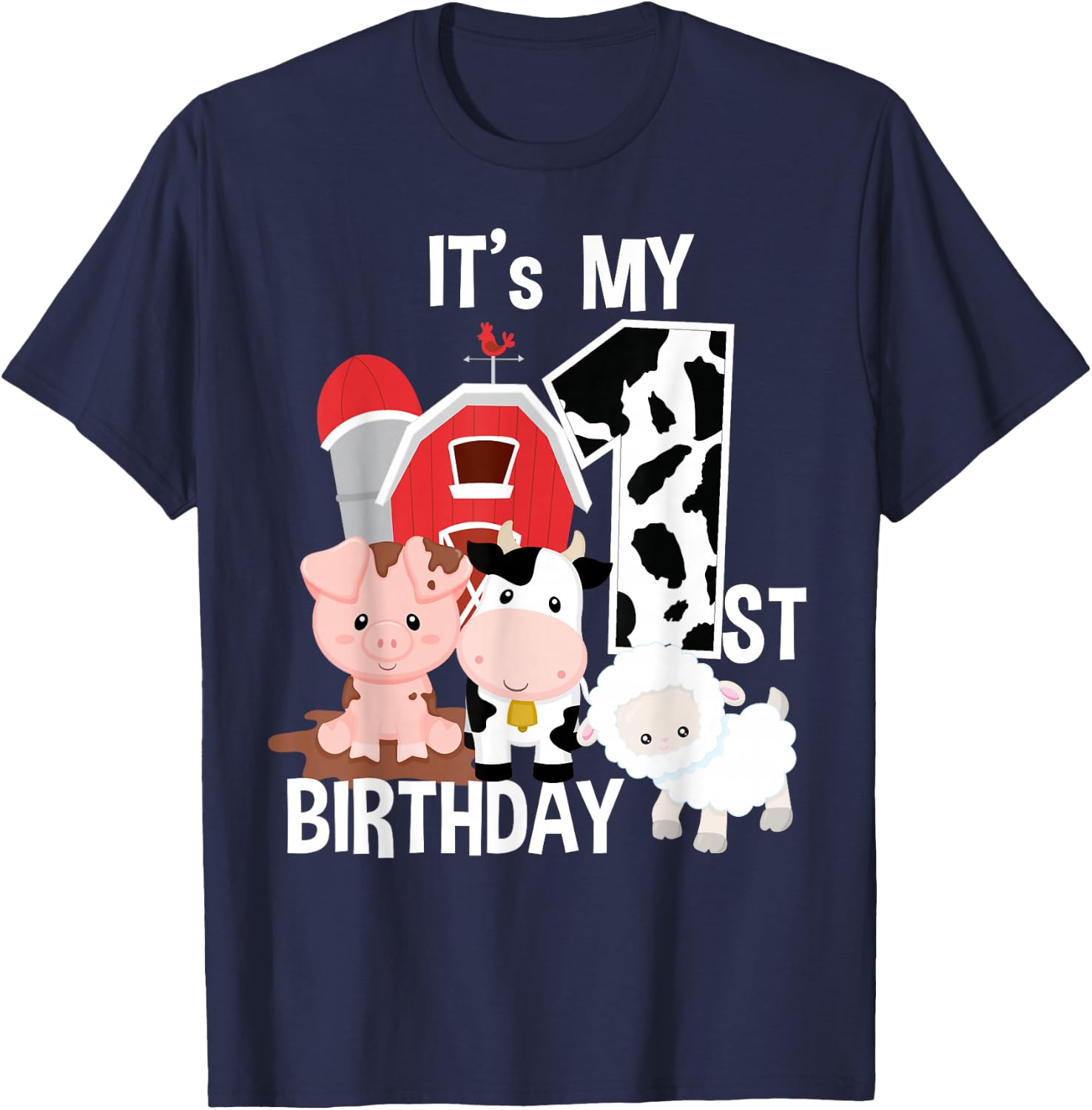 Farm Animals 1 Year Old It's My 1st Birthday Party T-Shirt - T-Shirt | Navy